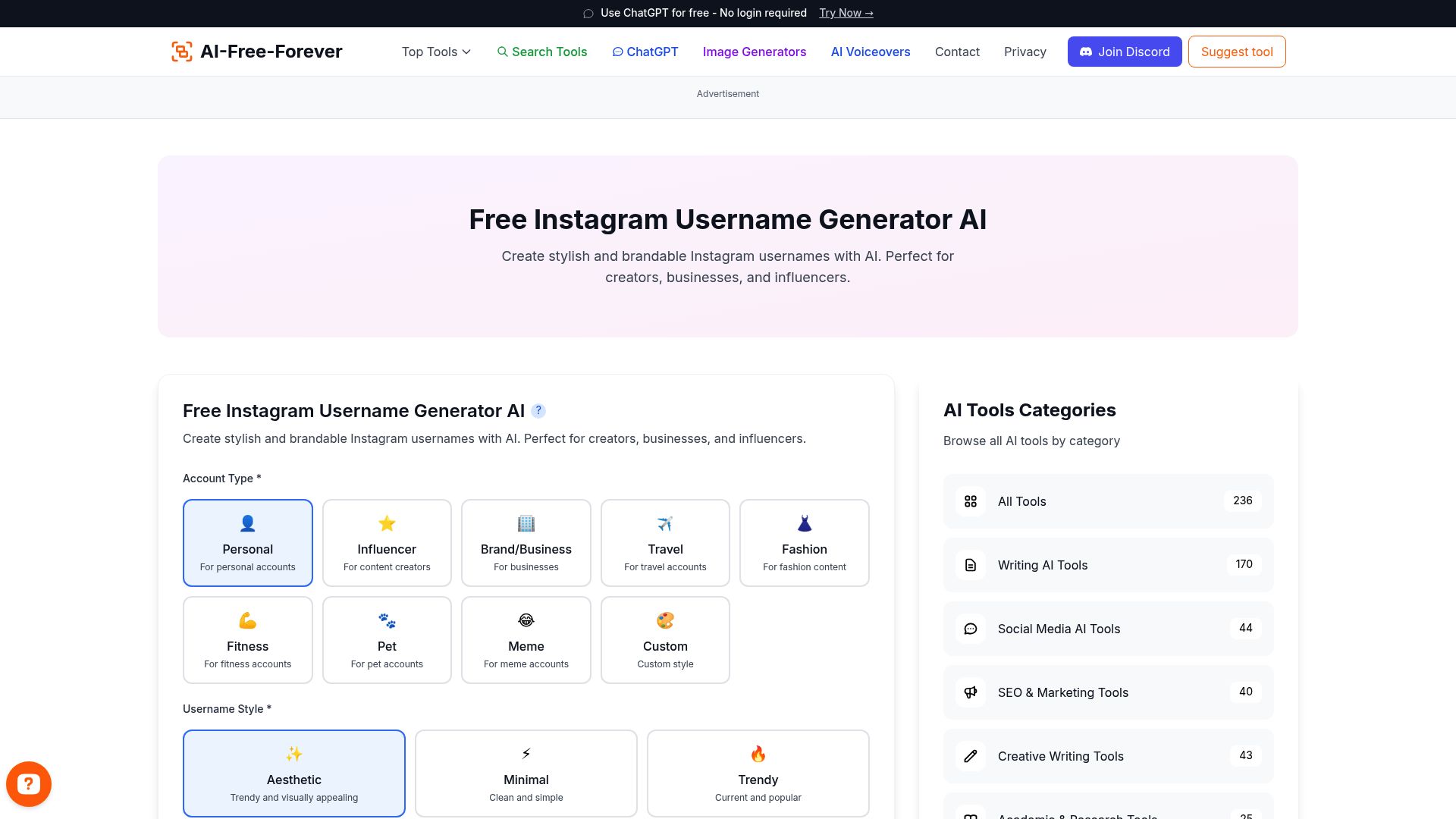 Free Instagram Username Generator - Create unique and memorable Instagram usernames with aesthetic appeal and brand potential