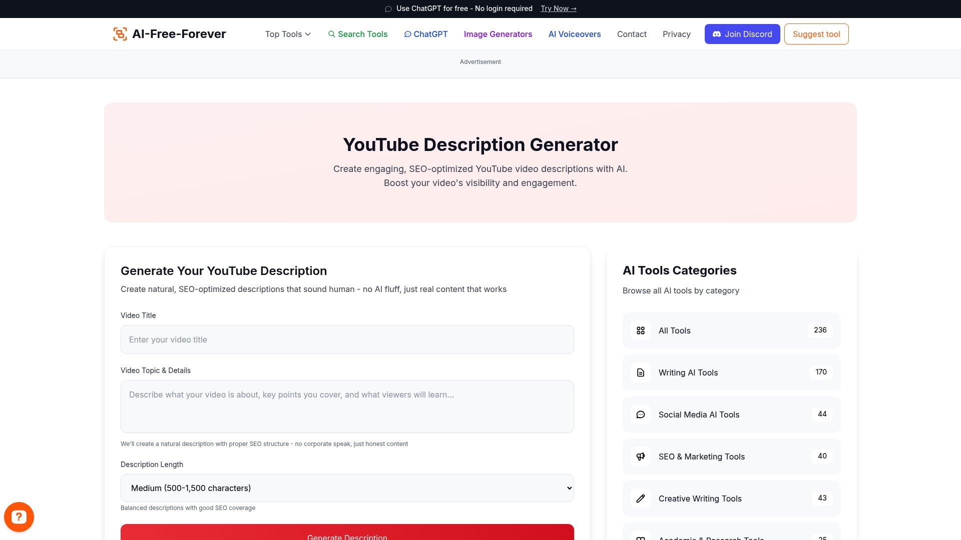 YouTube Description Generator - Create SEO-optimized video descriptions with keywords and engagement hooks for better discoverability