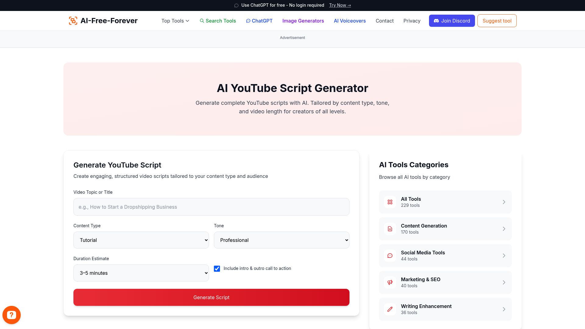 YouTube Script Generator - Create professional video scripts with engaging hooks, clear structure, and compelling calls-to-action
